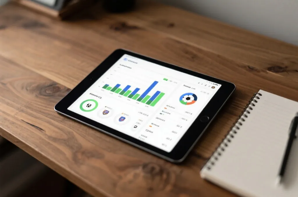 Sports analytics dashboard displaying real-time match statistics and live probability charts on a tablet screen.